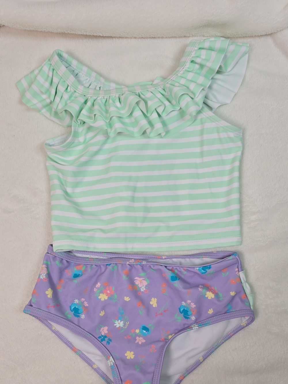Ruffle Butts Ruffle Tankini Set - Mint Stripe & Lavender Floral Size 7 Nwt
